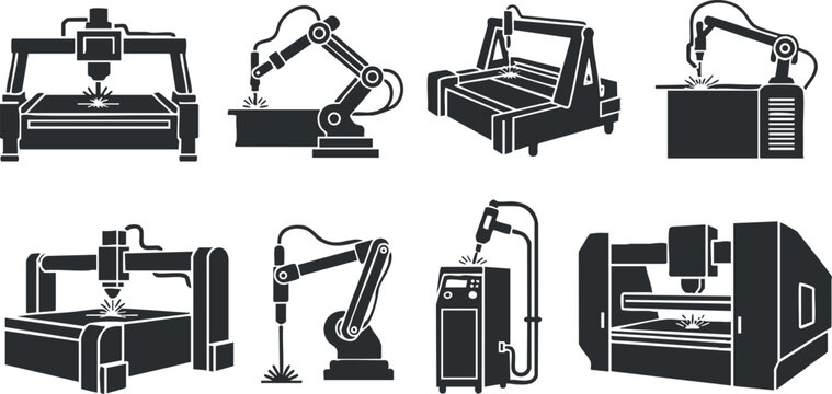 A collection of laser cutting machines and robotic arms in black and white vector style, suitable for industrial design and manufacturing projects