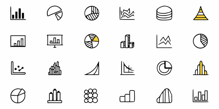 Collection of hand drawn infographic icons representing various types of charts and graphs