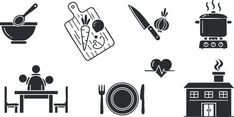 A collection of cooking and dining icons featuring utensils, vegetables, and a family gathering around a table in black and white vector style, perfect for culinary projects and restaurant branding