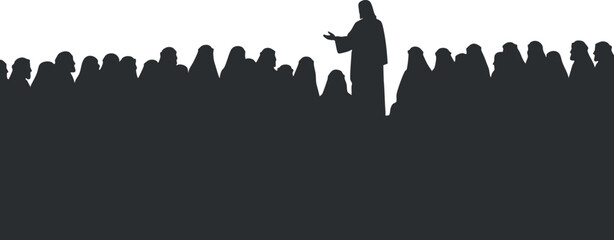 A silhouette of a crowd listening to a speaker in black and white vector style, ideal for business presentations and motivational themes