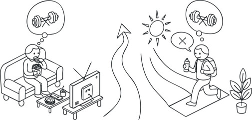 A split illustration depicting a person exercising at home with weights and another person walking outdoors in a minimalist black and white vector style, representing healthy lifestyle choices