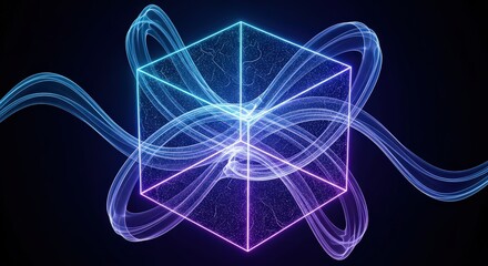Abstract geometric neon cube with flowing light trails on a dark background