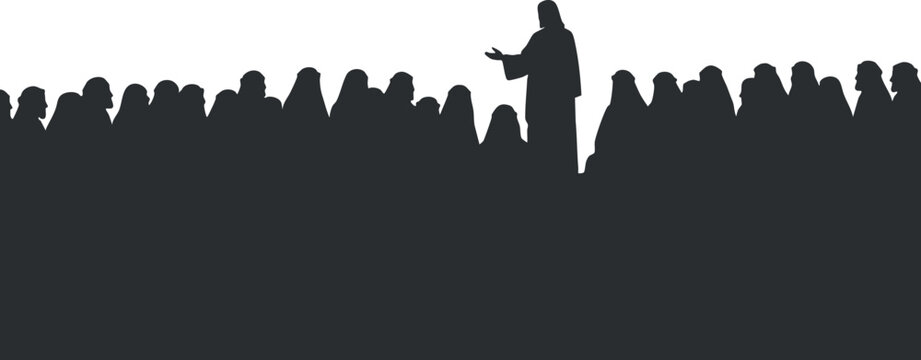 A silhouette of a crowd listening to a speaker in black and white vector style, ideal for business presentations and motivational themes