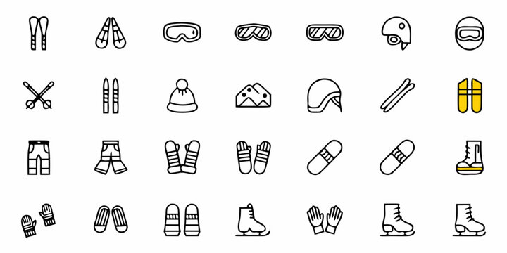 Collection of winter sports equipment icons for skiing and snowboarding