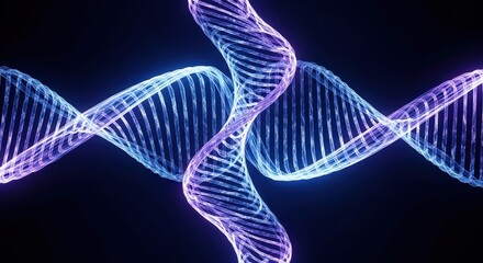 Abstract glowing double helix dna strands in vibrant blue and purple hues against a dark background symbolizing life and genetics