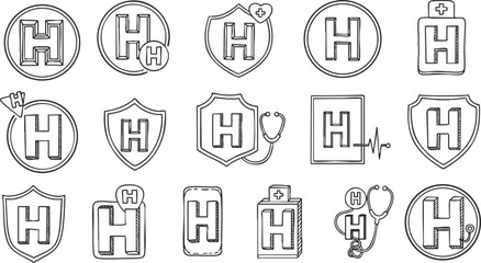 A collection of healthcare and medical icons featuring a shield and the letter H in outline vector style, suitable for health-related branding and design