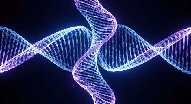 Abstract glowing double helix dna strands in vibrant blue and purple hues against a dark background symbolizing life and genetics - Powered by Adobe
