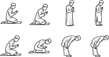 A set of eight outline vector illustrations depicting various Muslim prayer poses, showcasing devotion and spirituality, suitable for religious themes and educational materials