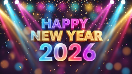Happy new year 2026 colorful vibrant text with spotlights and confetti
