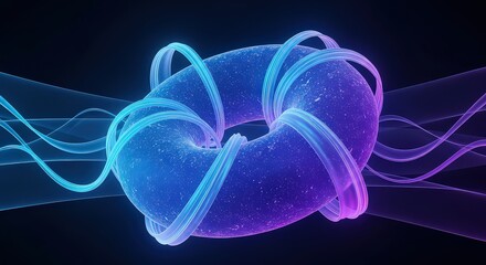 Abstract glowing toroidal energy field with swirling light waves against a dark cosmic background representing advanced technology and scientific concepts