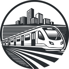 A modern train passing through a city skyline in black and white vector style, ideal for transportation-themed projects