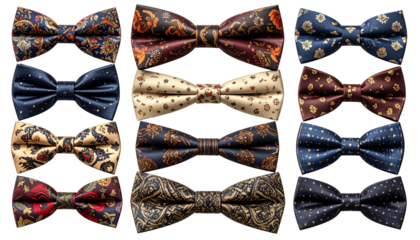 Large Set of Men's Silk Bow Ties with Floral and Paisley Patterns Isolated