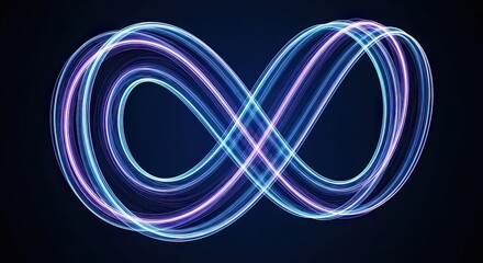 Vibrant glowing infinity symbol formed by light trails in shades of blue and purple against a dark background representing endless possibilities and continuous motion