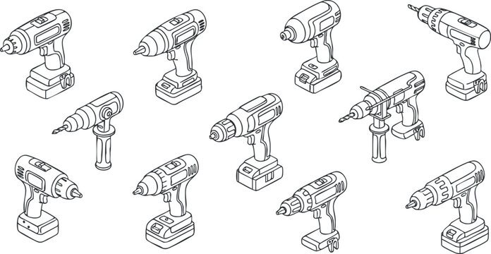 A set of various power drills in outline style vector illustration, suitable for construction and handyman projects