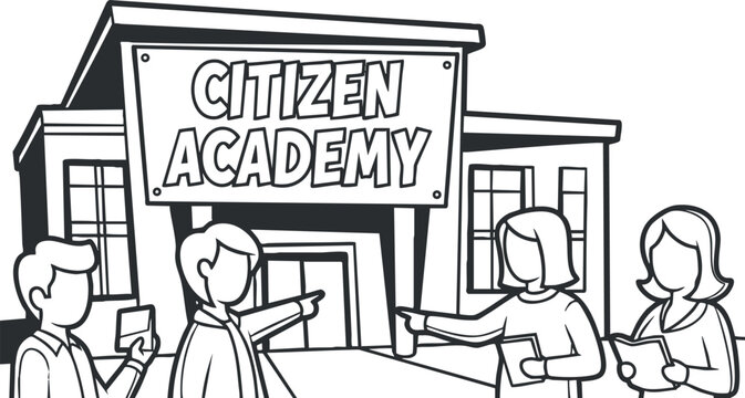 A drawing of a Citizen Academy building with diverse students engaging in learning activities in black and white outline vector style, perfect for educational branding