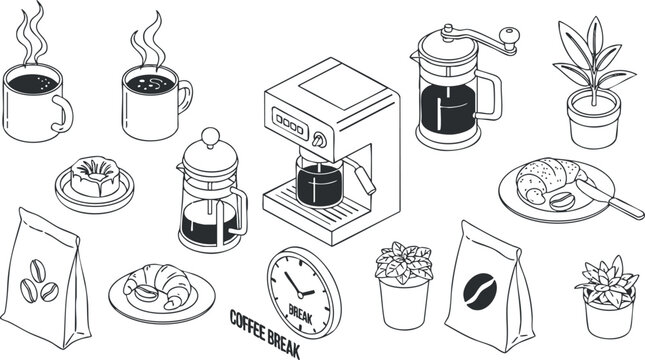 A collection of coffee and snack elements in minimalist outline vector style, ideal for café branding and related projects
