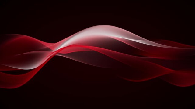 Seamless loop animation of red and white translucent waves drifting smoothly on a dark background. Elegant screensaver creating a soft motion effect with gentle curves and glowing shapes. 4K 60fps