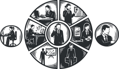 A collection of business professionals engaged in various activities in a black and white vector style, suitable for corporate presentations and marketing materials