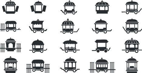 A collection of vintage market carts and pavilions in black and white vector style, perfect for street food and outdoor event designs