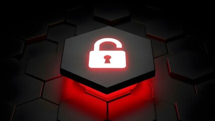 Glowing padlock on dark hexagonal background security