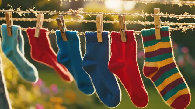 Colorful Socks Hanging on Clothesline Outdoors in Summer