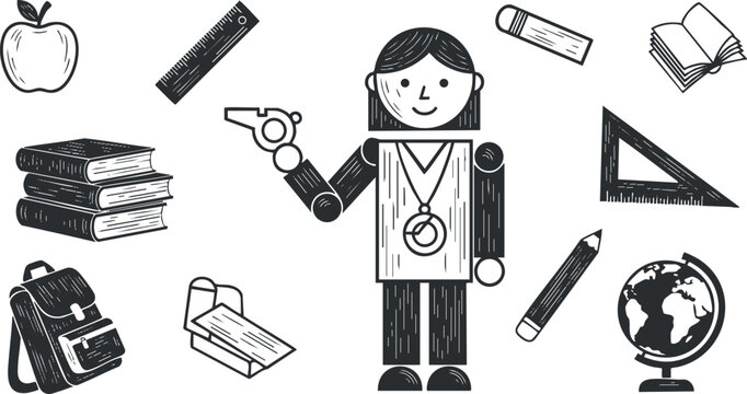 A playful teacher character holding a pointer surrounded by school supplies in black and white outline vector style, ideal for educational materials