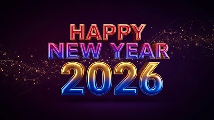 Happy new year 2026 with colorful text and golden particles on dark background
