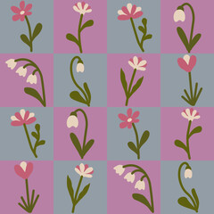 Seamless floral pattern with white and pink  spring or summer flowers and green leaves on pink and grey chess squares background. Could be used as wallpaper, texture, print, fabric. 