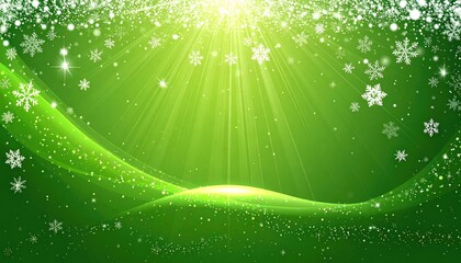 Magical Green Winter Background with Falling Snowflakes and Light Rays.