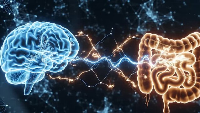 Digital brain connecting to intestines showing the gut brain axis
