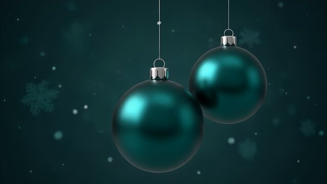 Elegant teal christmas ornaments suspended against a dark green background