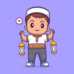 Cute Male Moslem Holding Lantern Lamp Cartoon