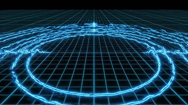 Seamlessly looping blue digital sound waves pulsing outward across a dark futuristic grid background creating an abstract echo effect analysis, energy, sound