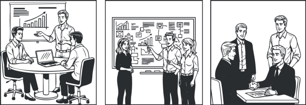 A set of business meeting scenes featuring professionals collaborating and presenting data in black and white vector style, ideal for corporate training and presentations