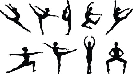 Set of black vector silhouettes showing female ballet dancer performing various artistic dance poses jumps and stretches on white background.
