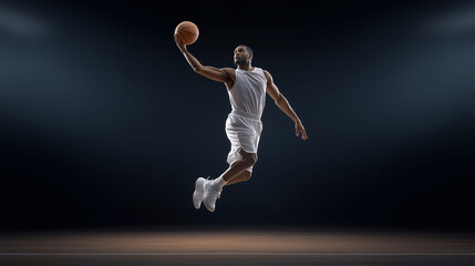 Basketball player jumping high for a dunk in dramatic lighting, emphasizing athletic power, motion, elevation and competitive spirit in a modern sports environment.
