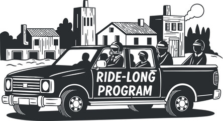 A pickup truck featuring a Ride-Long Program graphic in black and white vector style, ideal for community service promotional materials