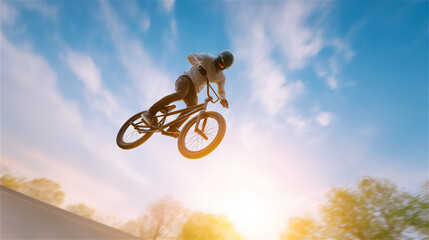 Cyclist performing an airborne trick against a bright sky, showcasing freedom, speed, agility and outdoor adventure in an energetic action sports scene.