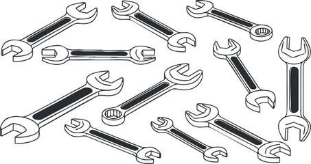A collection of various wrenches in black and white outline vector style, suitable for mechanic and repair-themed designs