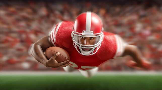 American football player in red uniform diving forward with determination on a green field, capturing action, power and competitive energy in a dynamic sports moment. - Powered by Adobe