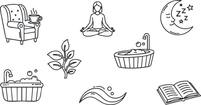 A collection of relaxation-themed icons including a comfy chair, a meditating figure, a plant, and a bath in minimalist outline vector style, perfect for wellness and self-care projects - Powered by Adobe