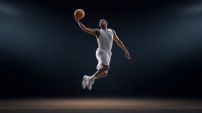 Basketball player jumping high for a dunk in dramatic lighting, emphasizing athletic power, motion, elevation and competitive spirit in a modern sports environment.