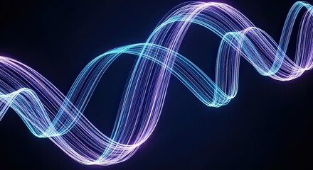 Abstract swirling light trails of blue and purple create a dynamic energetic and futuristic visual symphony against a dark background