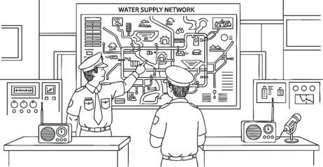 Two engineers discussing a water supply network map in black and white outline vector style, suitable for technical presentations and educational materials