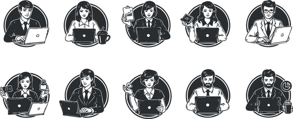 A collection of professionals working on laptops and digital devices in black and white vector style, ideal for business and technology themes