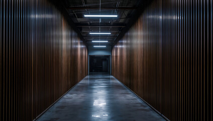 Fototapeta premium Long hallway with wooden paneling and overhead lights, leading to a distant doorway