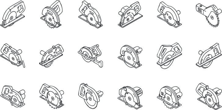 A collection of circular saw illustrations in outline vector style, suitable for construction and carpentry projects
