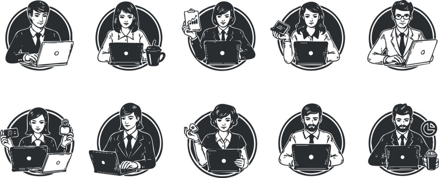 A collection of professionals working on laptops and digital devices in black and white vector style, ideal for business and technology themes