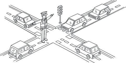 A traffic police officer directing vehicles at an intersection in black and white vector style, suitable for traffic safety education