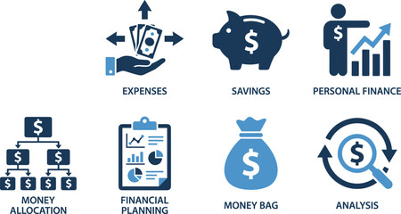 Financial planning icons, money management symbols, personal finance vector, budget allocation set, business economy graphics, savings investment collection, blue style